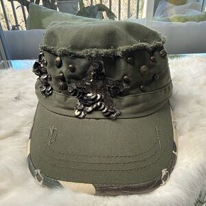 Olive Green Military Style Cap Studded Sequin Embellished Distressed Fashion Hat